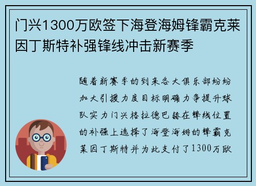 门兴1300万欧签下海登海姆锋霸克莱因丁斯特补强锋线冲击新赛季
