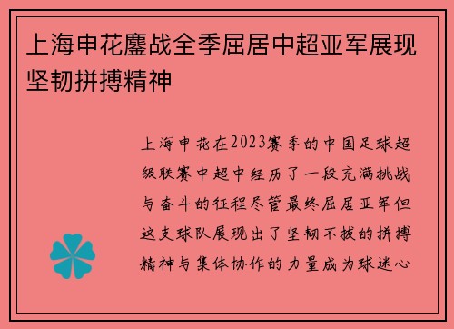 上海申花鏖战全季屈居中超亚军展现坚韧拼搏精神 上海申花鏖战全季屈居中超亚军展现坚韧拼搏精神