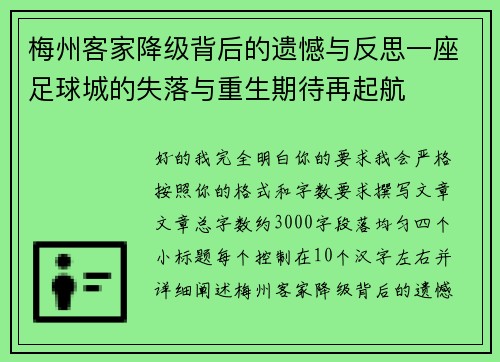 梅州客家降级背后的遗憾与反思一座足球城的失落与重生期待再起航 梅州客家降级背后的遗憾与反思一座足球城的失落与重生期待再起航